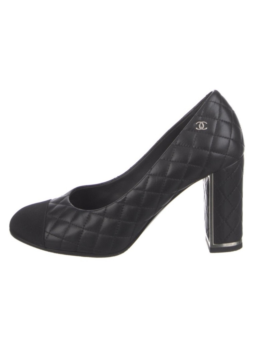 CHANEL Black Quilted Leather Cap-Toe Block Heel Pumps